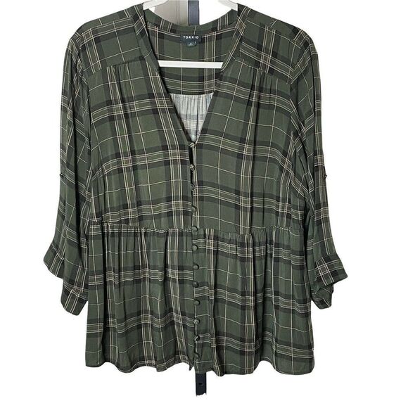 𝅺torrid Green Plaid Peplum Blouse Top 2 2X Roll Tab Sleeve V-Neck - Picture 2 of 6